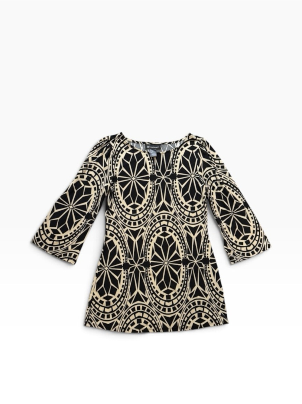 INC International Concepts Black & Cream Geometric Long Sleeve Tunic